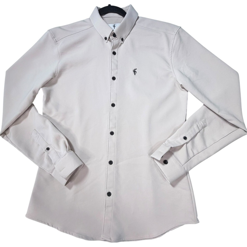 Father Sons Button Shirt Mens Med Light Tan Stretch Slim Fit Long Sleeve Casual